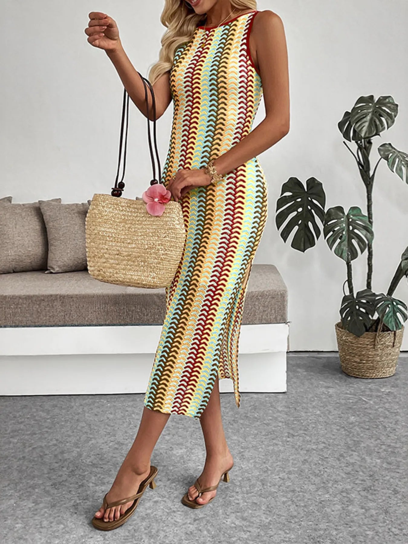 Sleeveless Chevron Pattern Sweater Dress