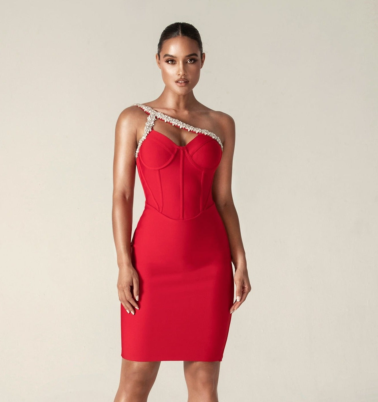 CHARMING ONE SHOULDER CRYSTAL BANDAGE DRESS