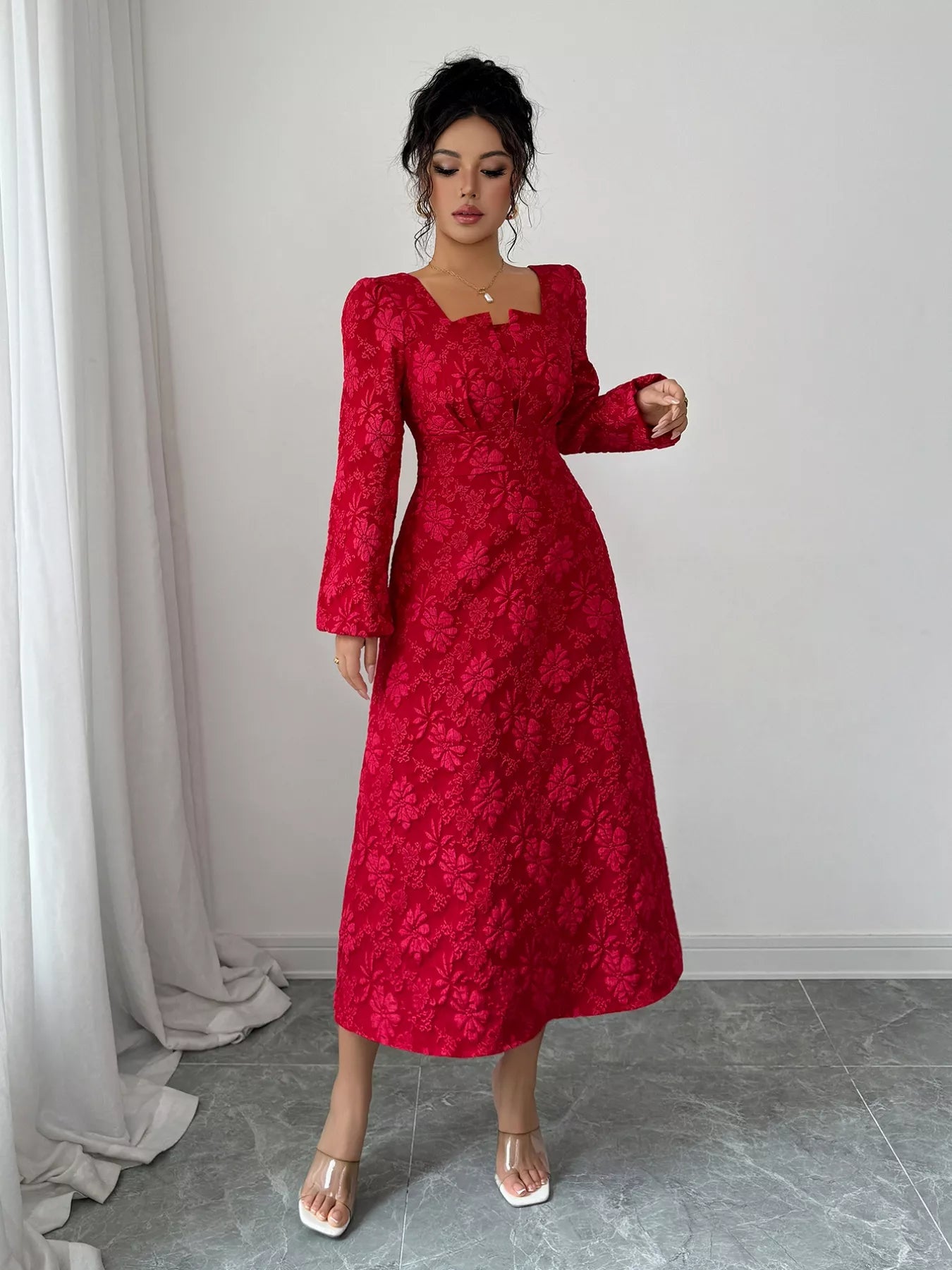 Floral Balloon Sleeve Midi Dress