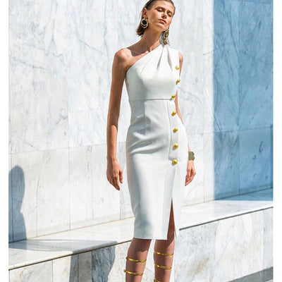 Seam Button Stretch Slim Fit Bandage Dress