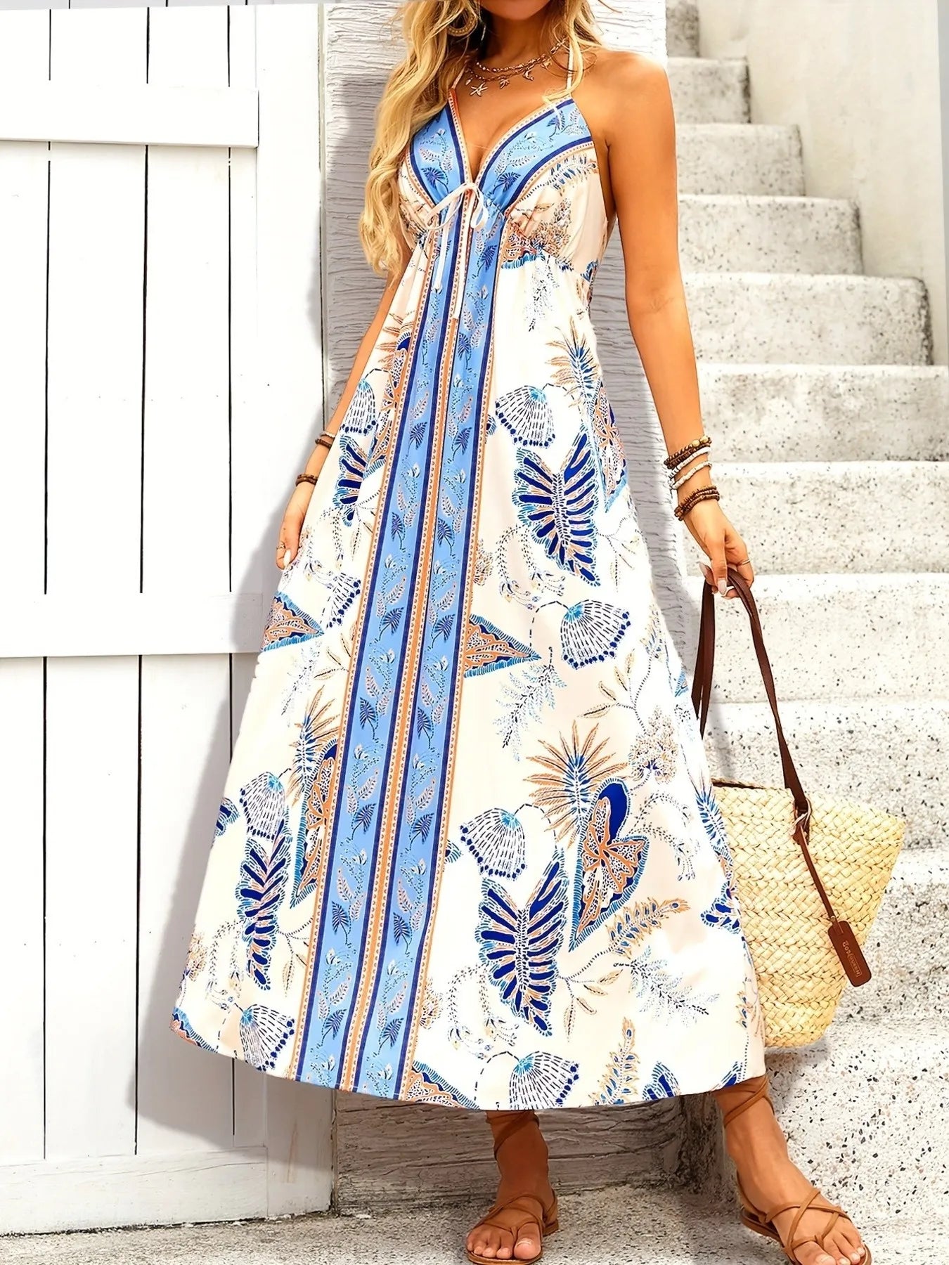 Printed Halter Neck Midi Dress