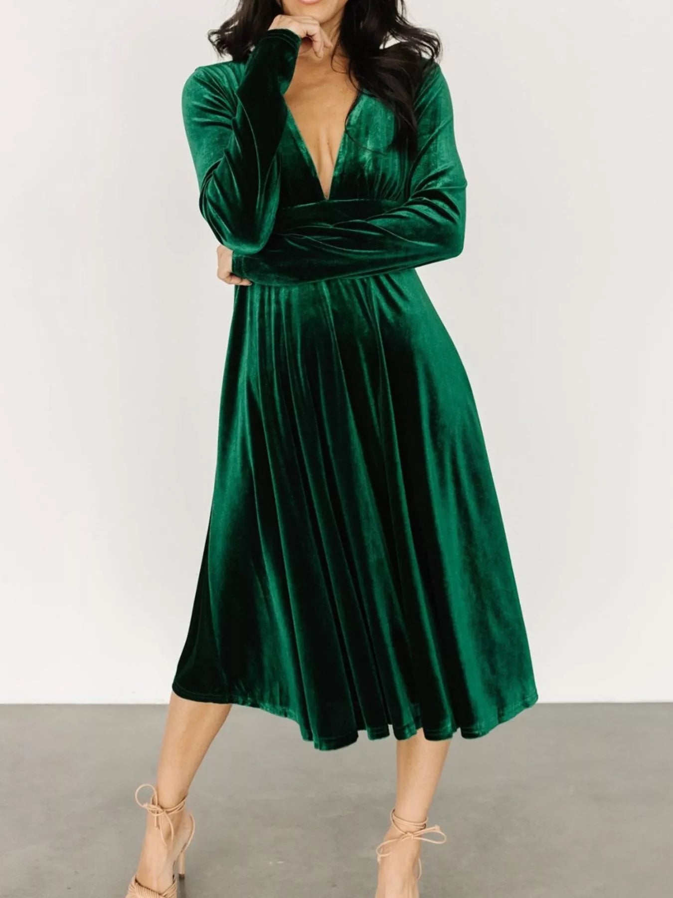 Velvet Deep V-Neck Long Sleeve Dress