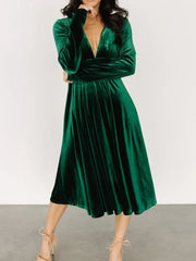 Velvet Deep V-Neck Long Sleeve Dress
