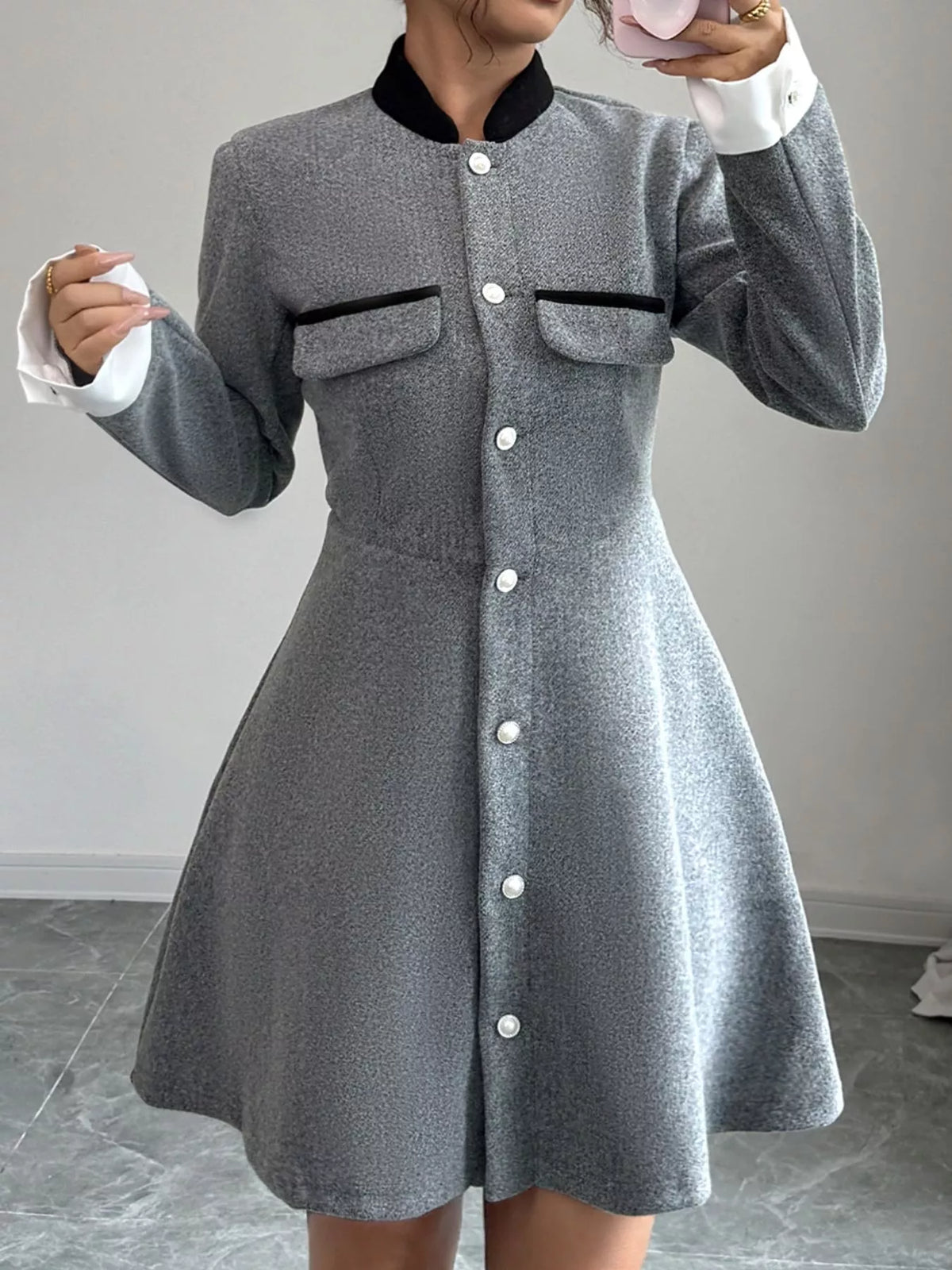 A-Line Long Sleeve Button-Down Dress