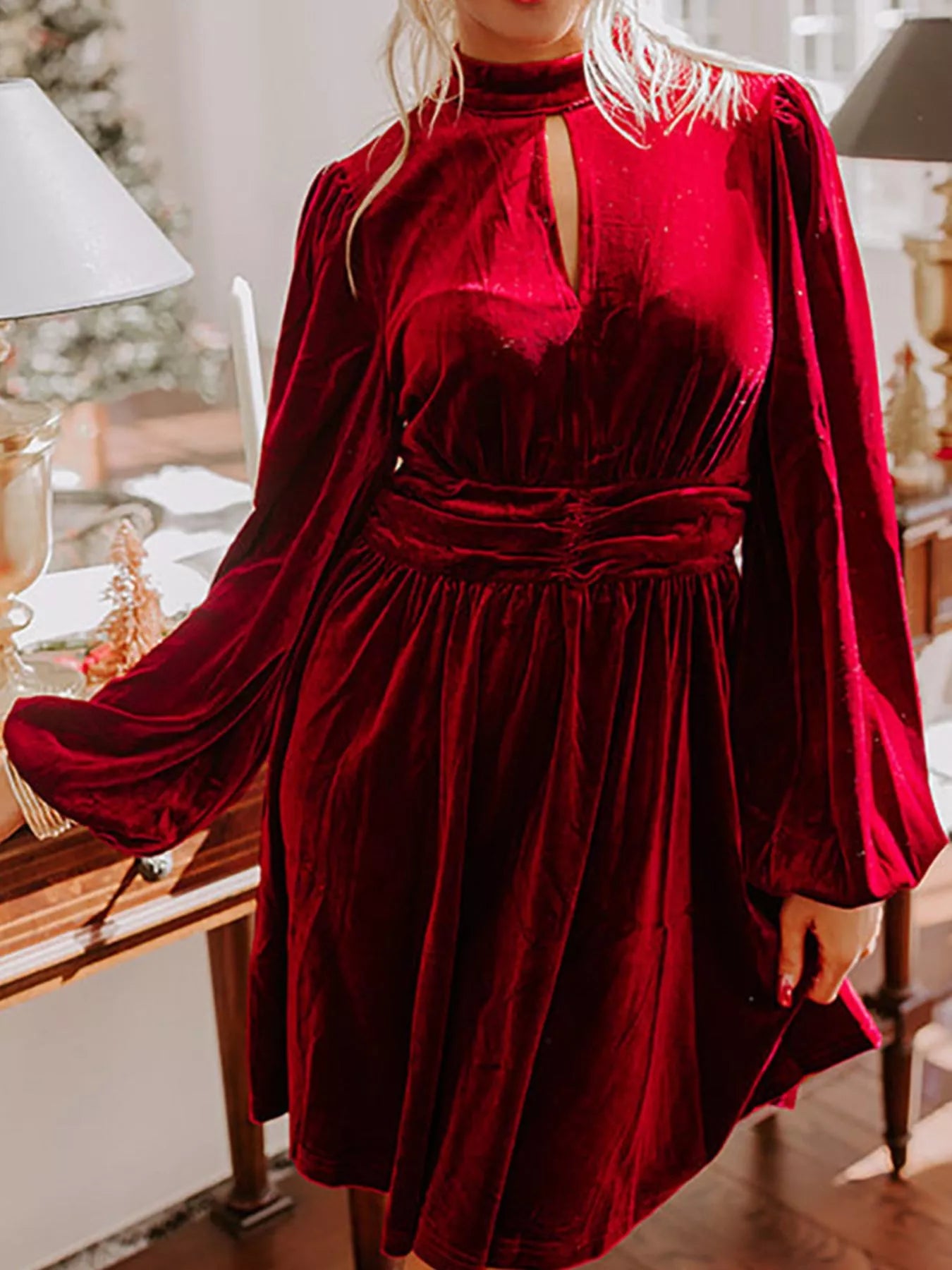 Velvet Mock Neck Balloon Sleeve Dress