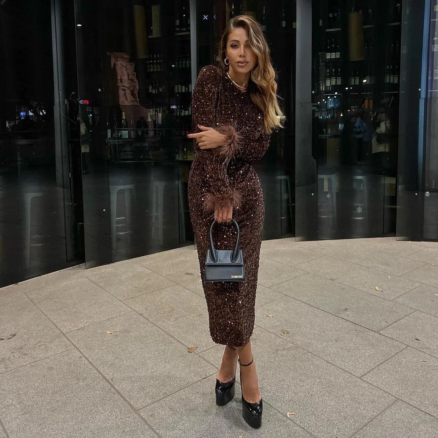 Alyia Sequin Feather Midi Dress