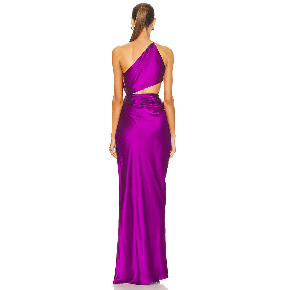 Tara Slant Shoulder High Slit Satin Celeb Dress