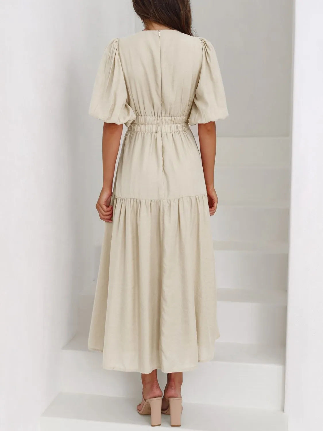 V-Neck Puff Sleeve Midi Dress