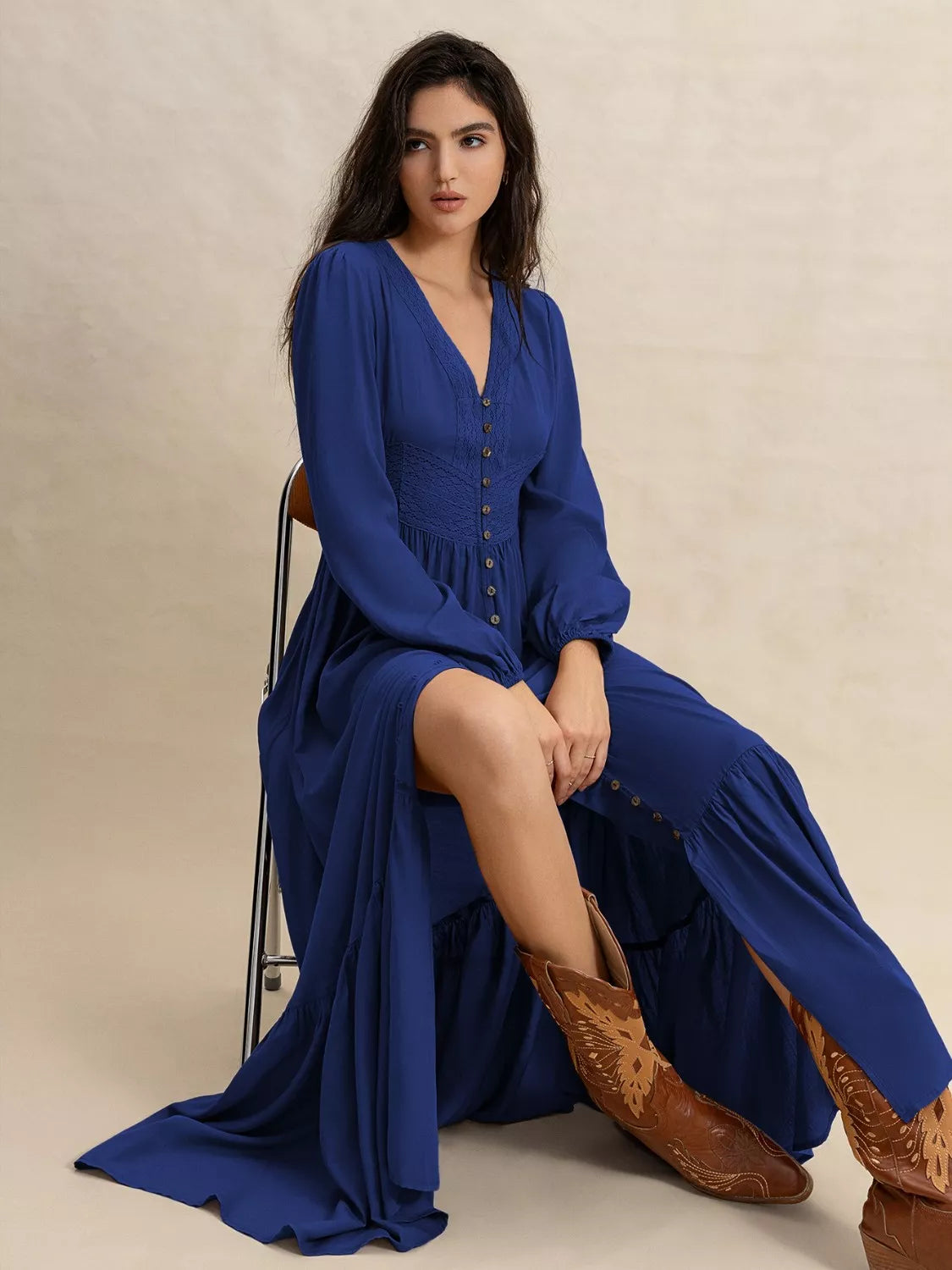 Long Sleeve Button-Front Maxi Dress