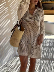 Collared Neck Long Sleeve Knit Cover Up Dress