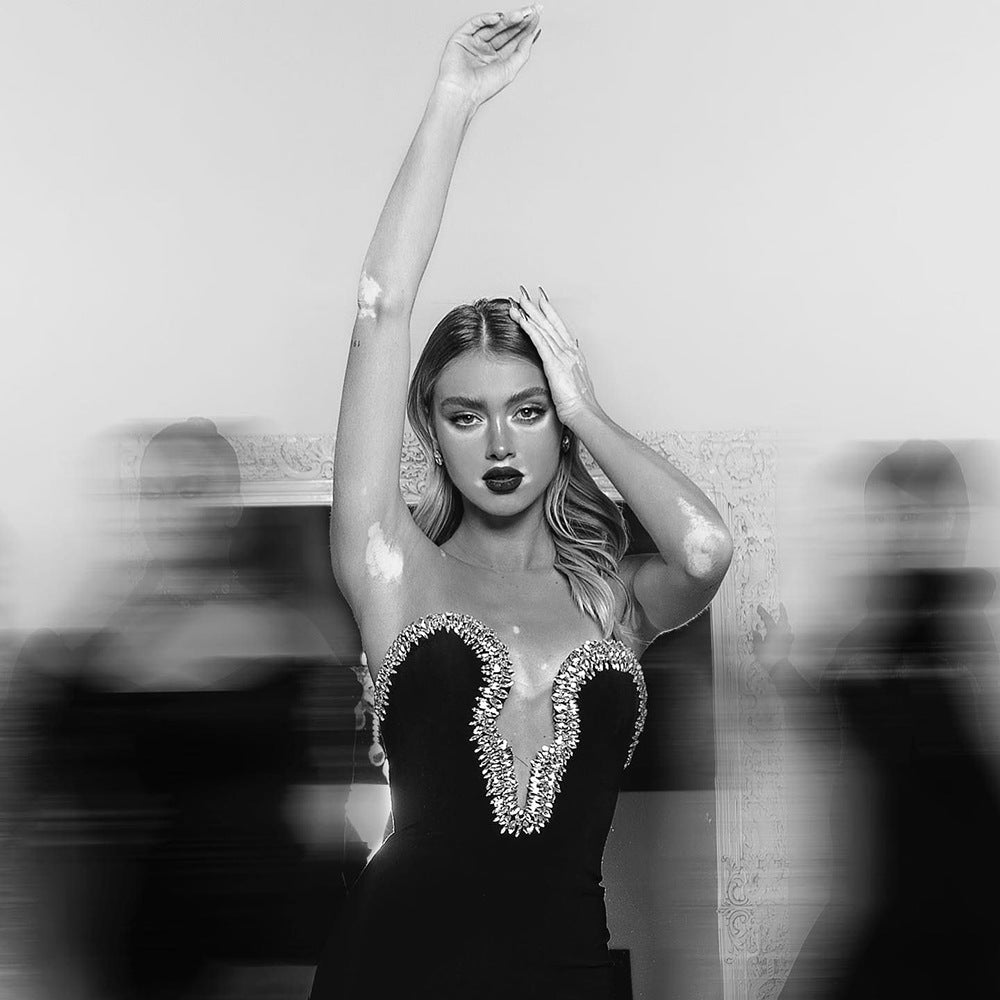 V-neck Diamond Black Bandage Dress