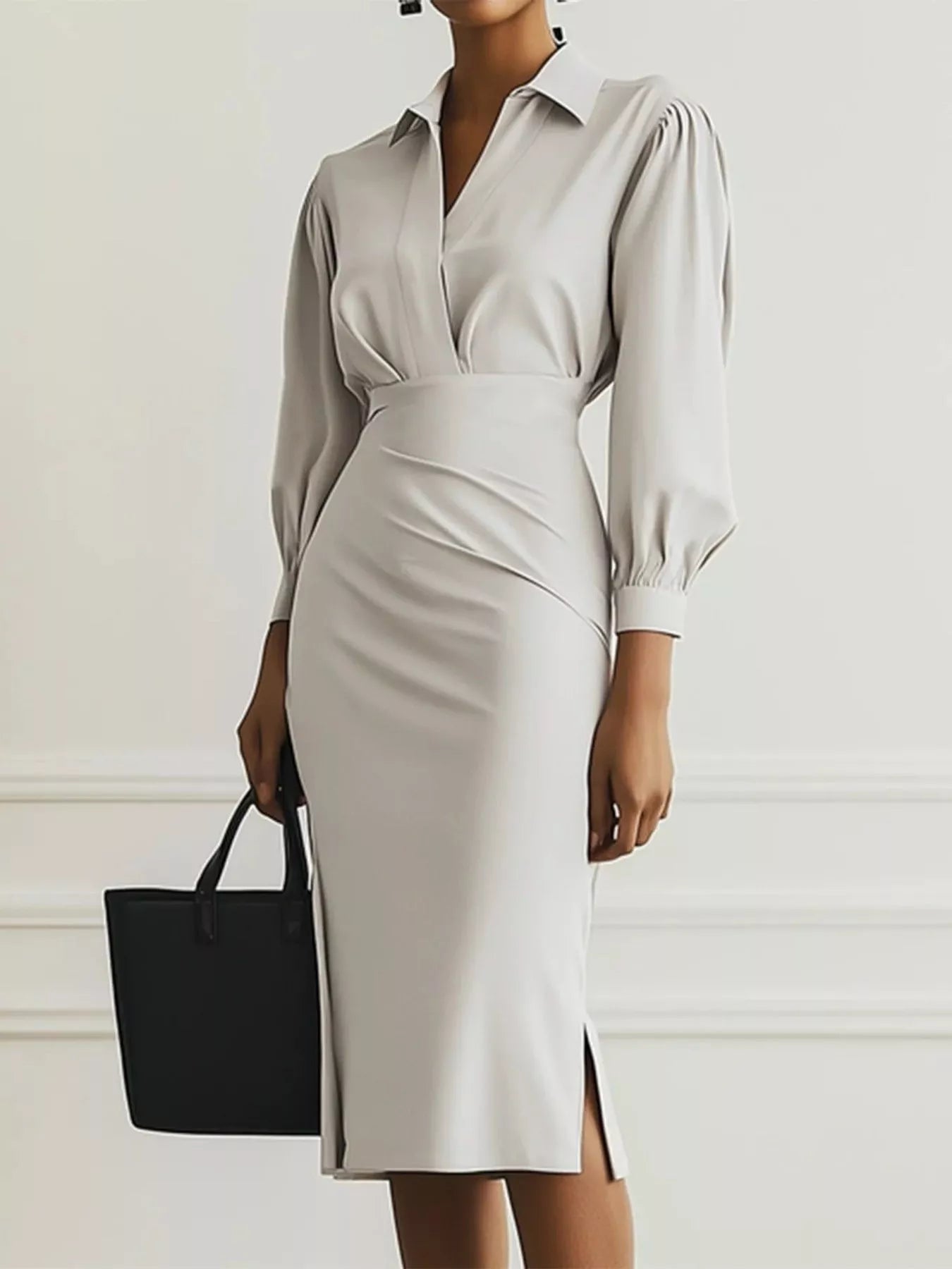 Ruched Midi Shirt Dress with Side Slit