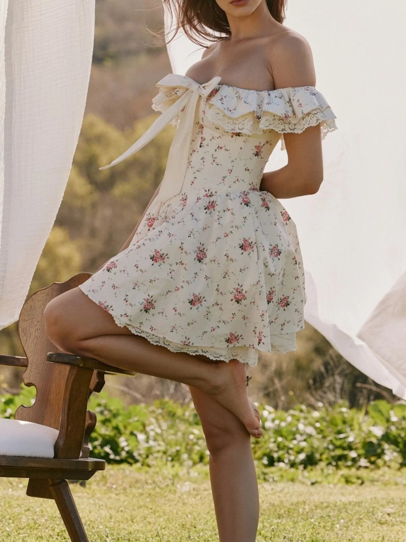 Off-Shoulder Floral Lace Trim Mini Dress