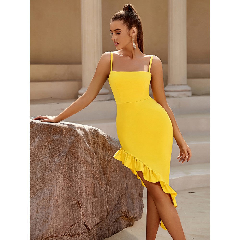 Yellow Suspender Knitted Bandage Dress