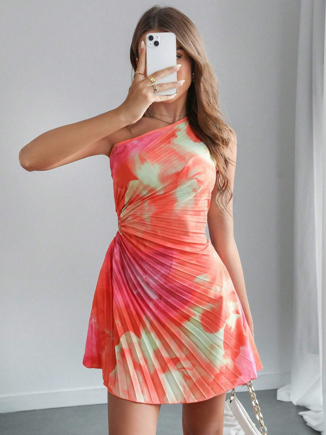 Cutout Drawstring Pleated Tie-Dye Sleeveless Mini Dress