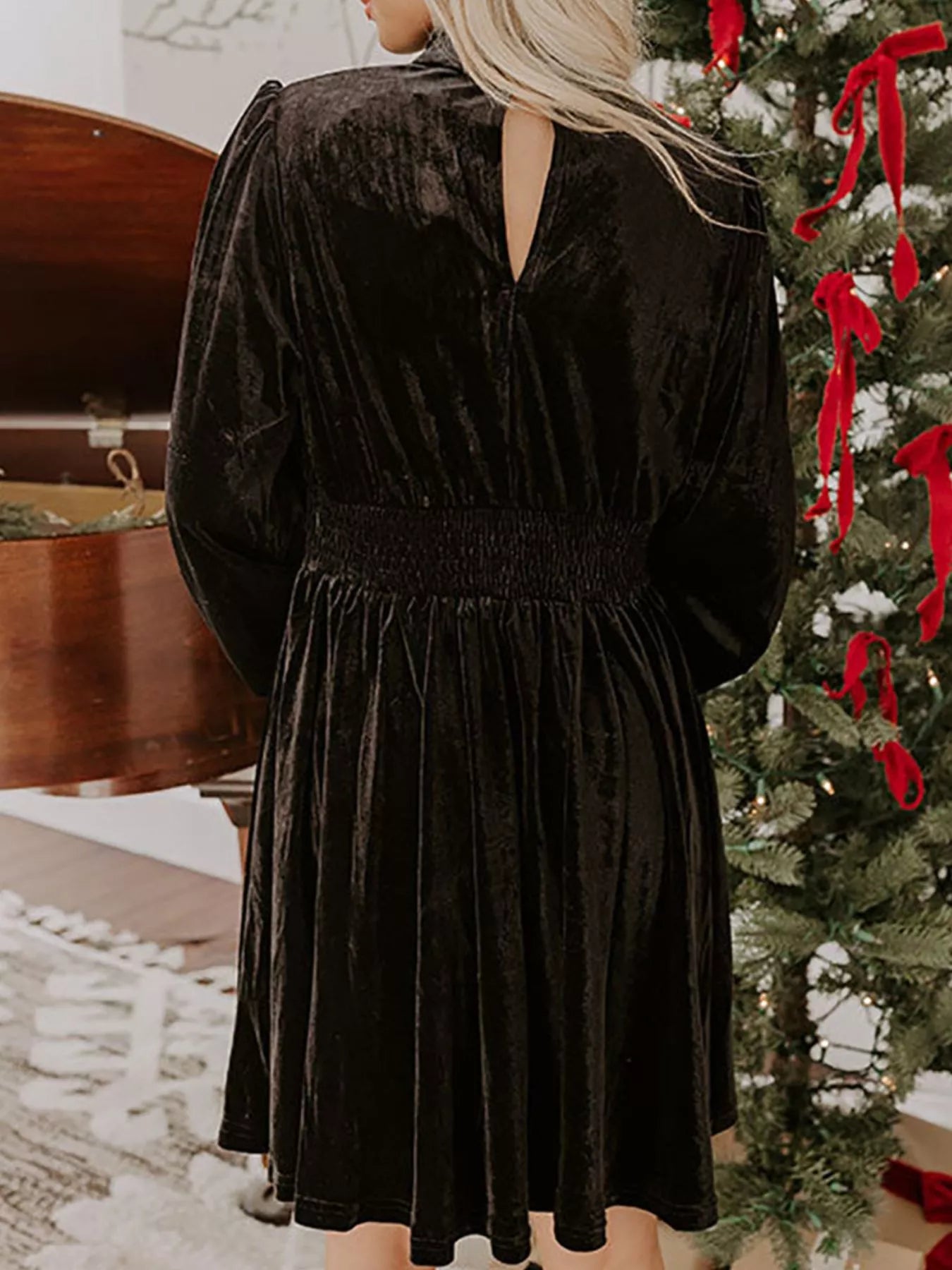 Velvet Mock Neck Balloon Sleeve Dress