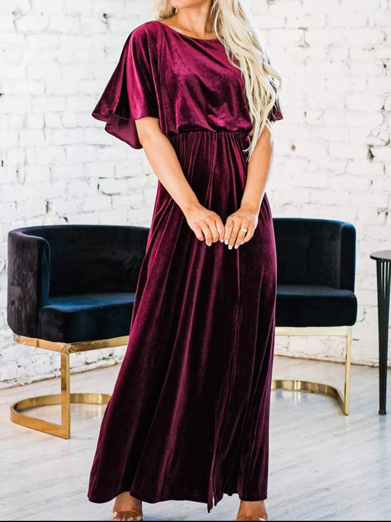 Slit Round Neck Flutter Sleeve Velvet Maxi Dress