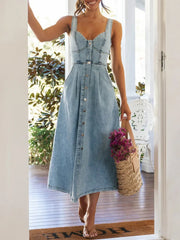 Sweetheart Neck Button-Front Midi Denim Dress