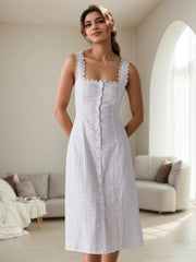 Lace Trim Button Front Square Neck Midi Dress