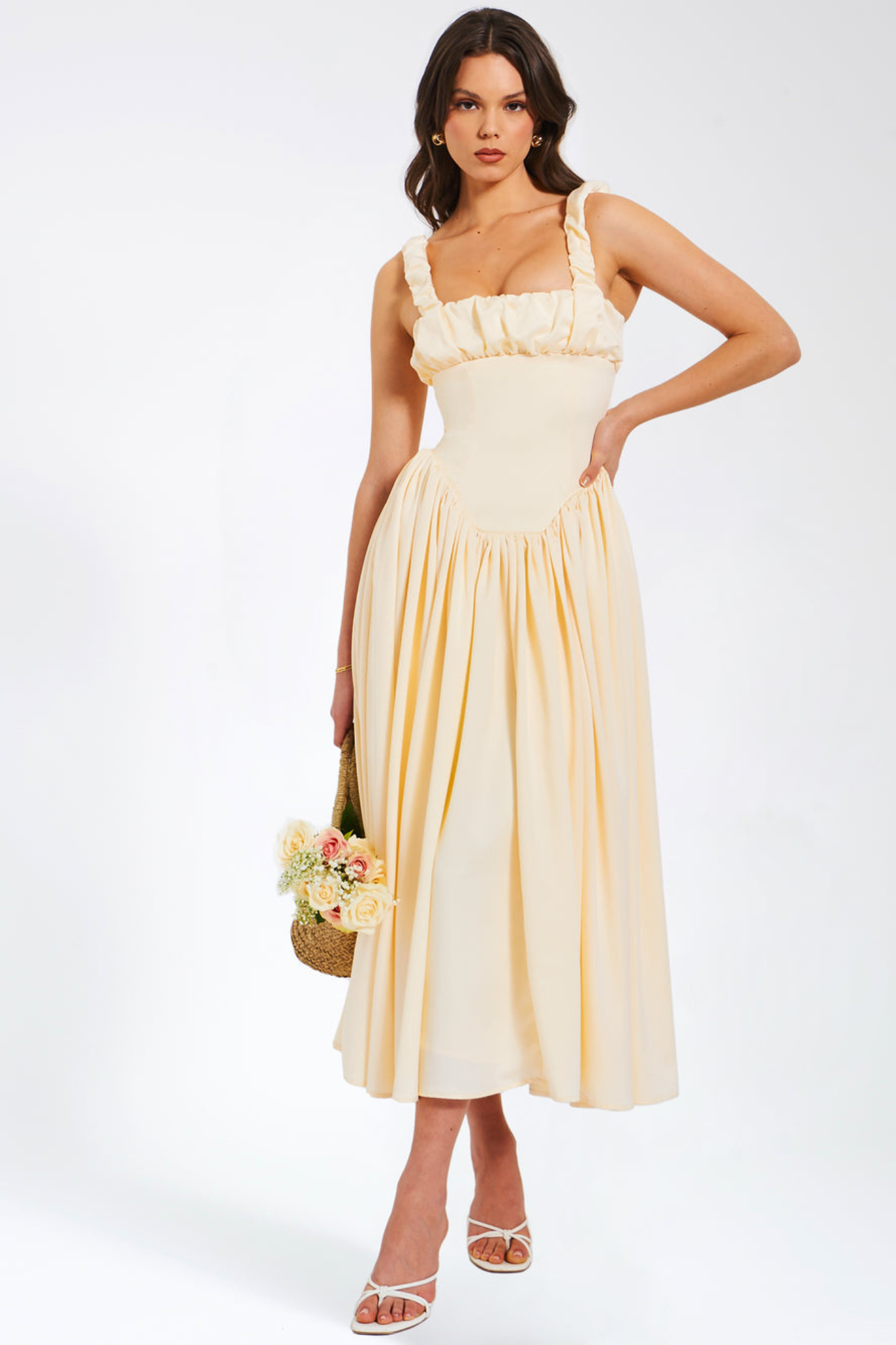 Riola Egg White Satin Drop Waist Maxi Sundress