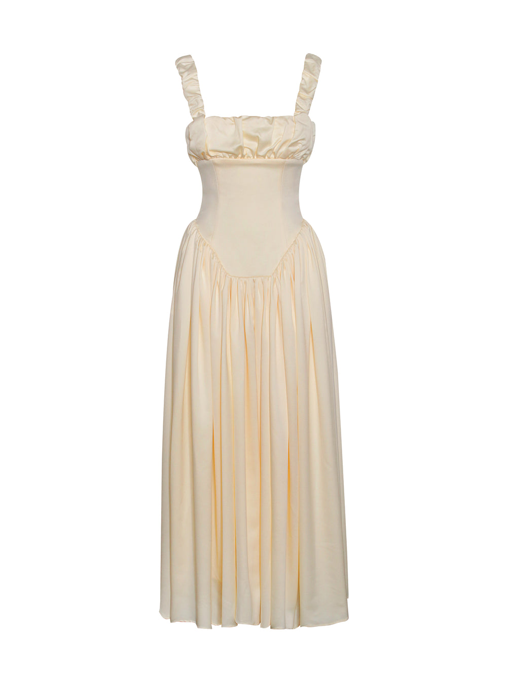 Riola Egg White Satin Drop Waist Maxi Sundress