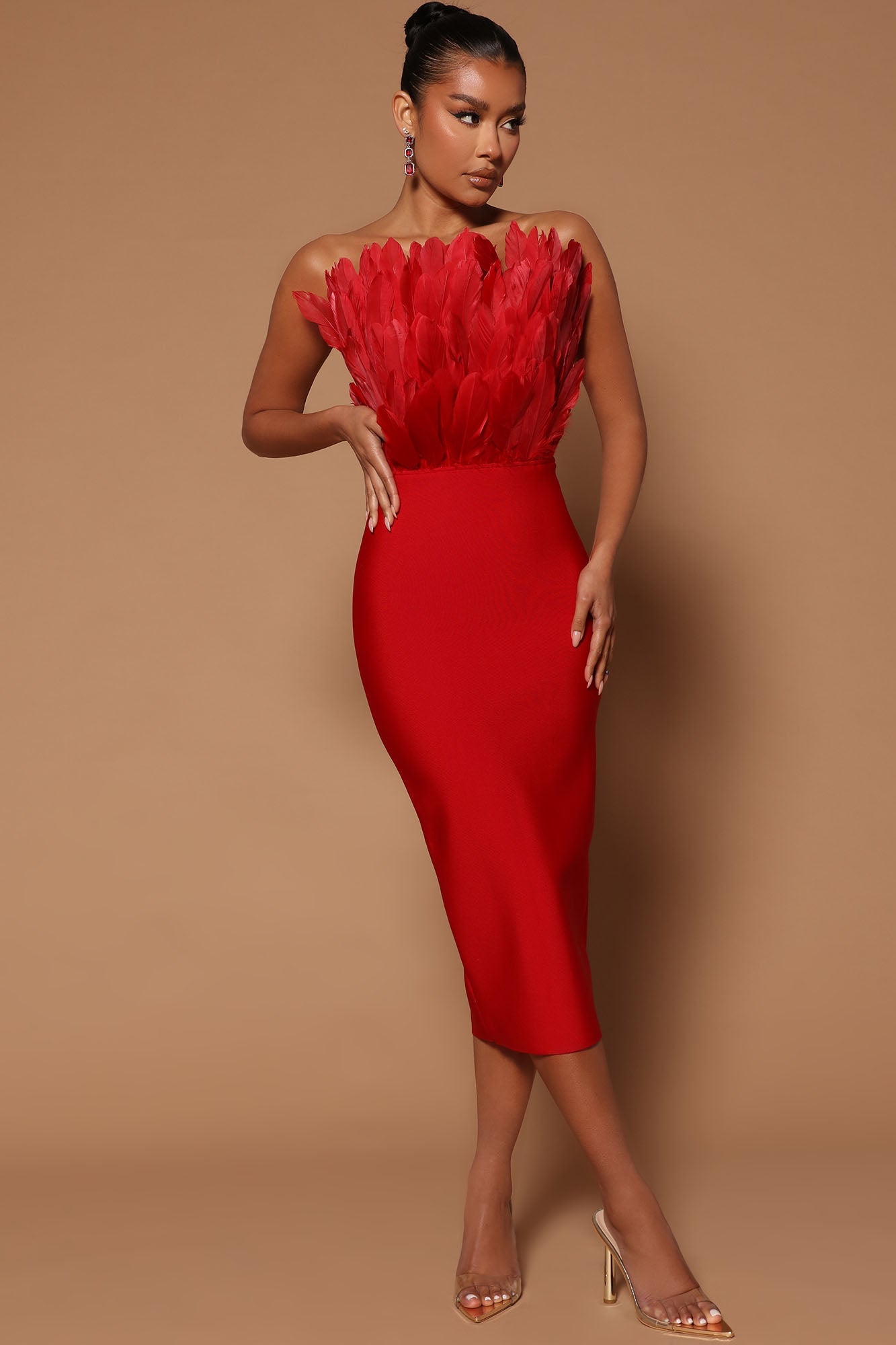 Alyia Elegant Feather Bandage Midi Dress