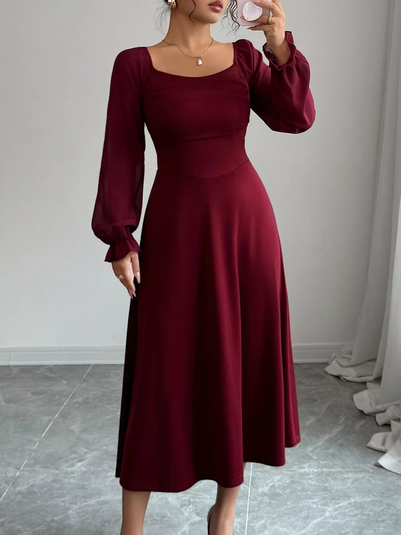 Flounce Sleeve A-Line Midi Dress