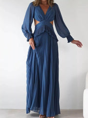 Backless Pleated Long Sleeve Maxi Dress