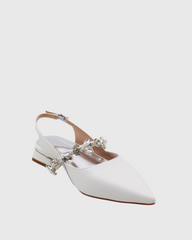 Nerina Rhinestone Strap Leather Flats In White