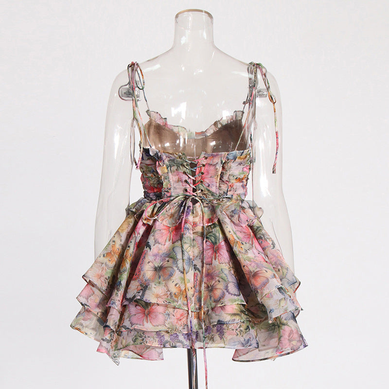 Kelly Sleeveless V-neck Lacing Flounce Mini Dress