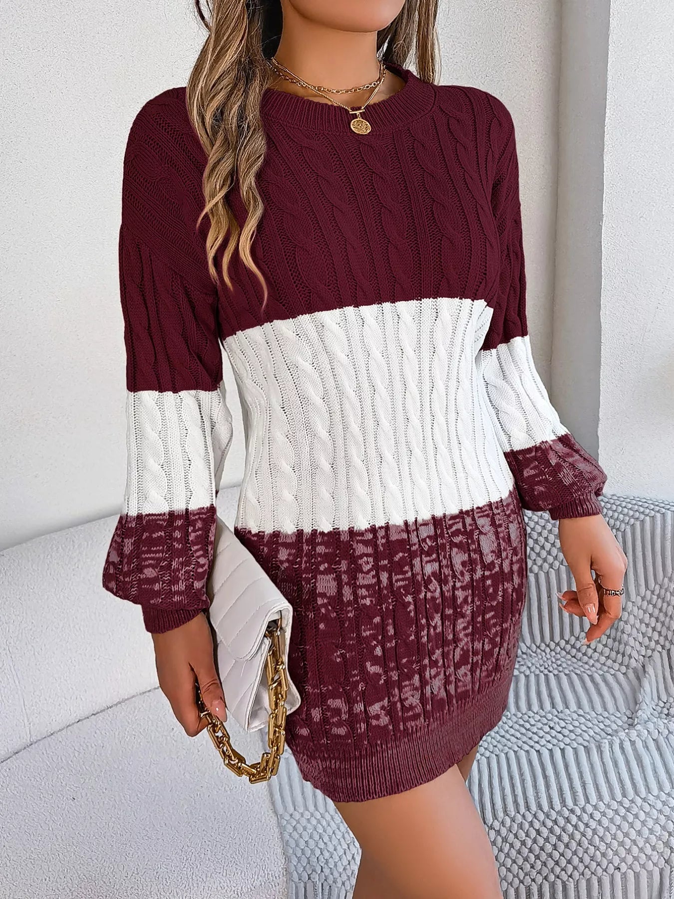 Color Block Cable Knit Sweater Dress with Textured Pattern