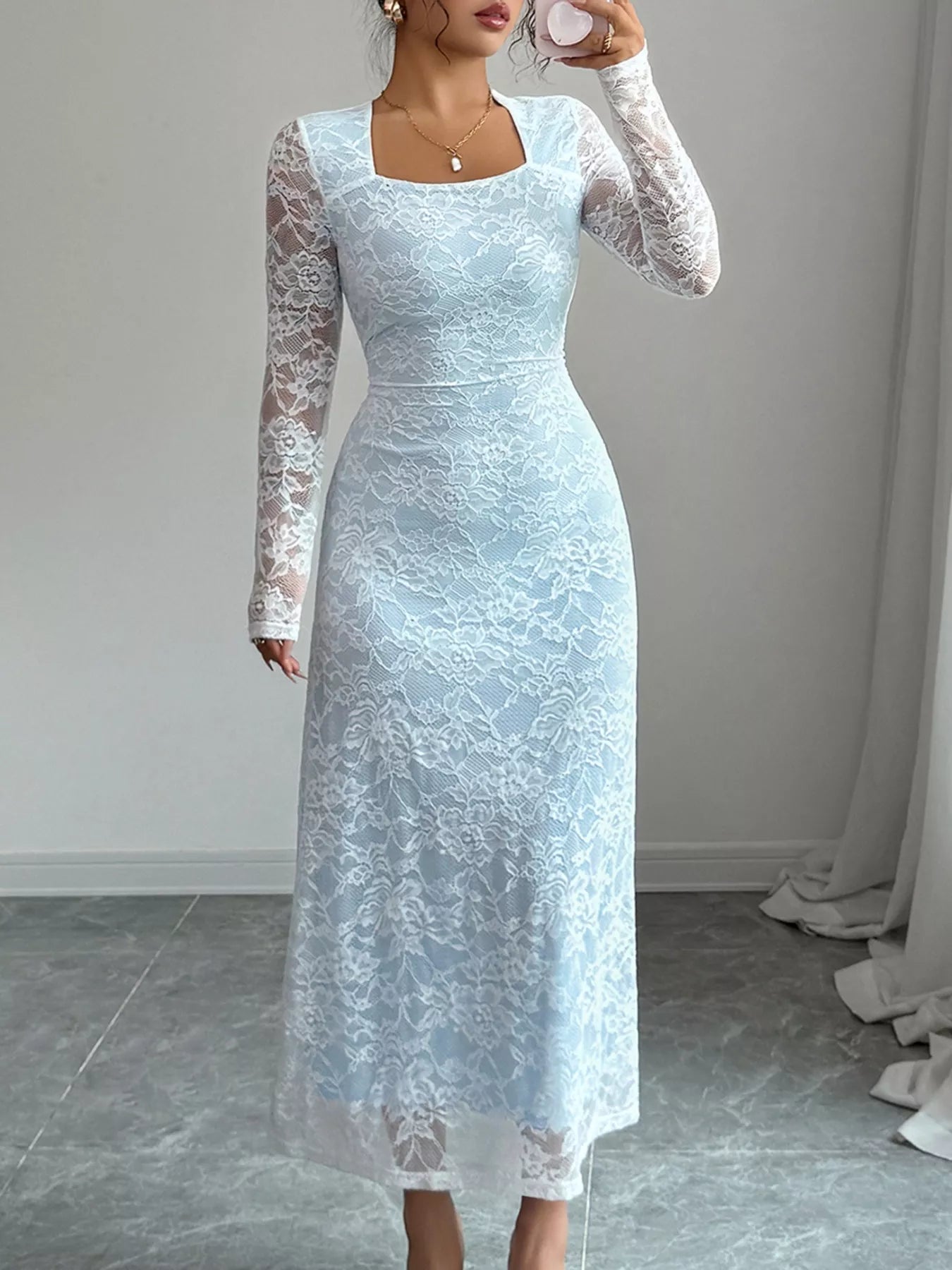 Lace Long Sleeve Square Neck Maxi Dress