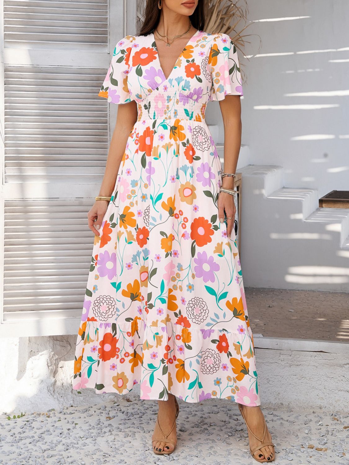 Devine Smocked Printed V-Neck Short Sleeve Maxi Dress