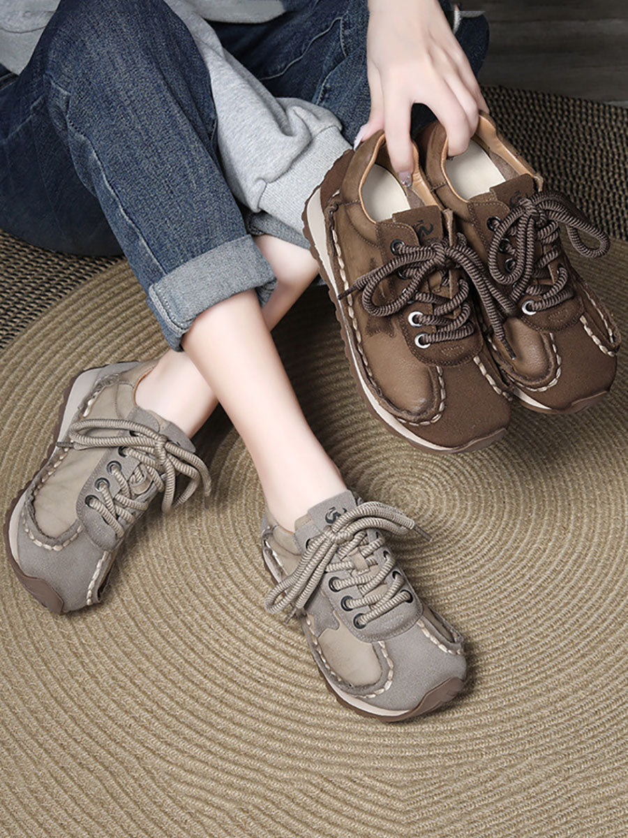 Retro Leather Colorblock Low Heel Sport Shoes BA1080