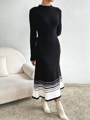 Ribbed Knit Sweater Dress with Striped Hem