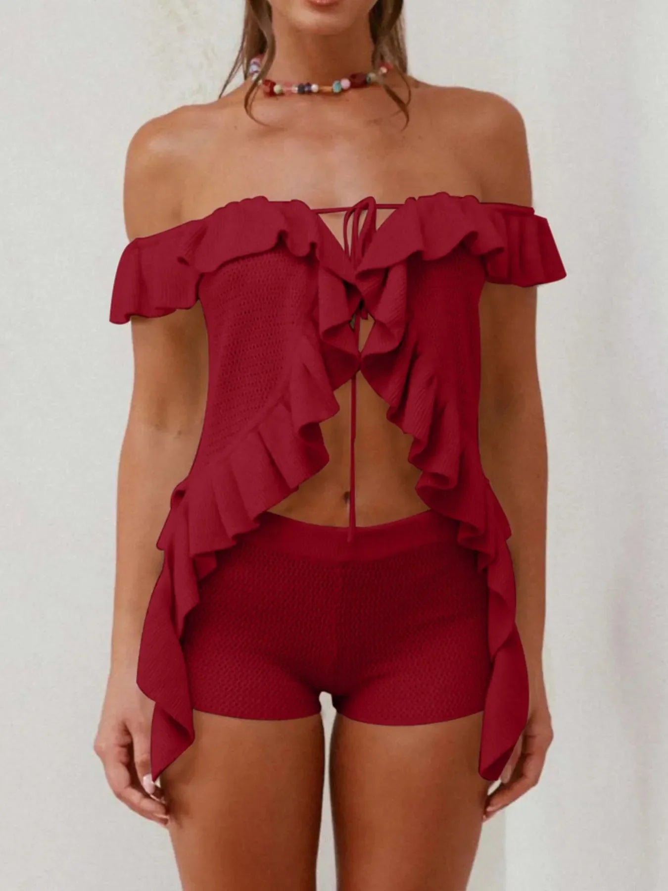 Off-Shoulder Ruffle Top and Shorts Sweater Set