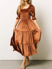 Velvet Smocked Tiered Midi Dress