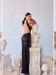 Sequins Irregular Backless Prom Dress-Black