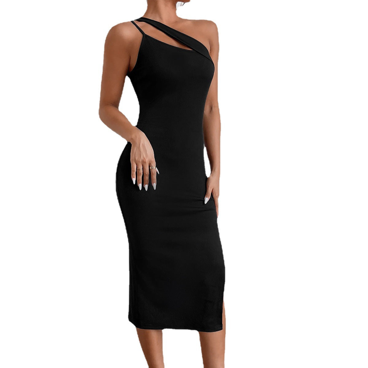 ONE-SHOULDER BLACK BACKLESS DRESS