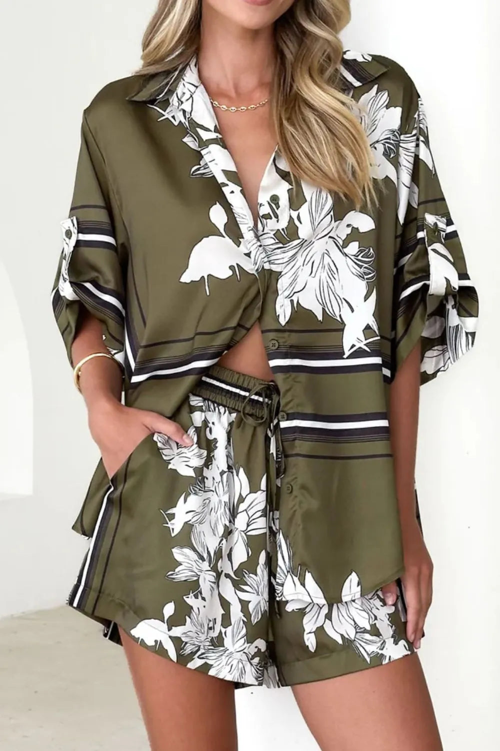 Printed Collared Neck Top and Shorts Set
