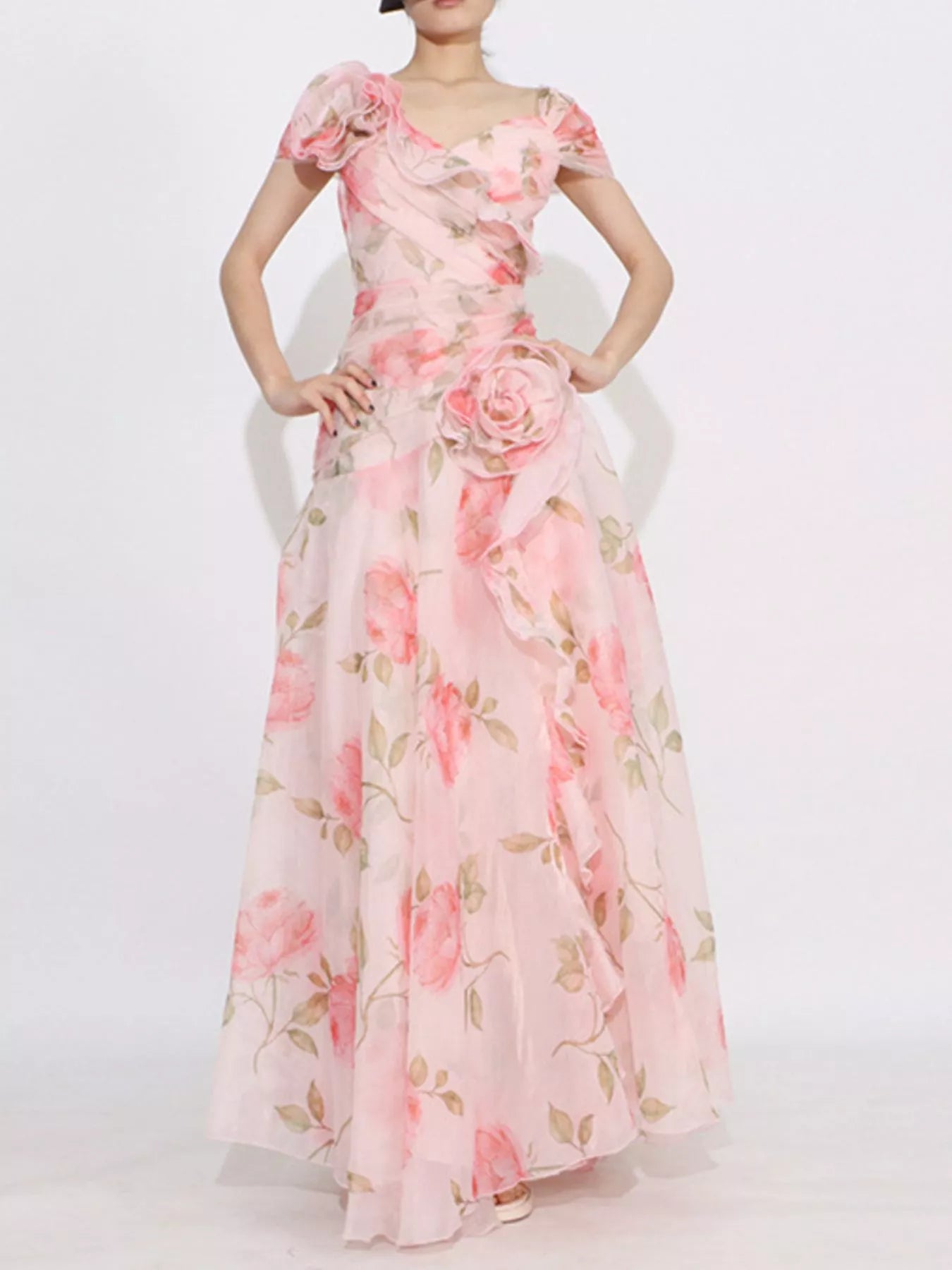Floral Ruffled Short Sleeve Maxi Dress