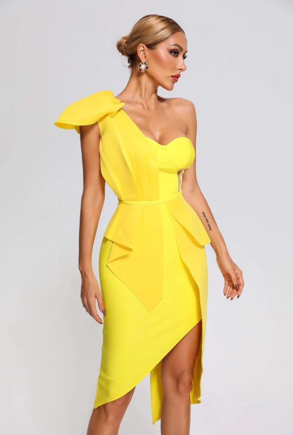 Irregular one-shoulder bow knot Midi Dress