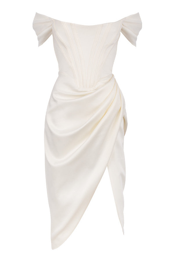 LEMIYA IVORY SATIN OFF SHOULDER DRESS-WHITE