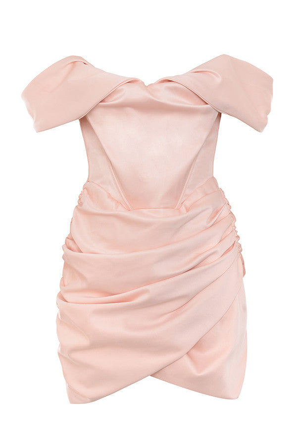 EVVA OFF SHOULDER SATIN MINI DRESS