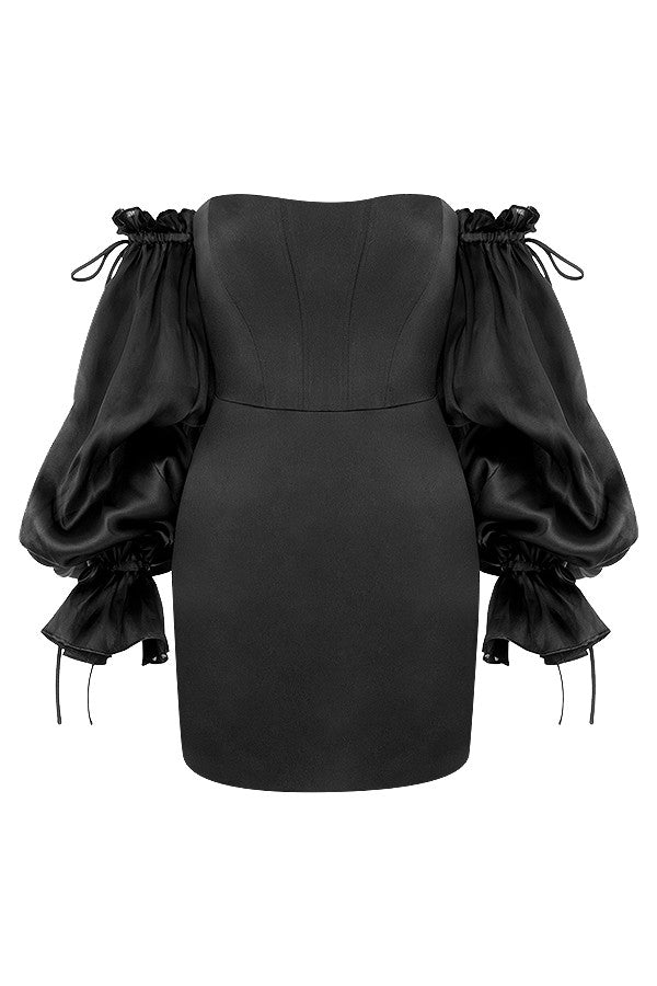 OFF-SHOULDER SATIN CORSET DRESS