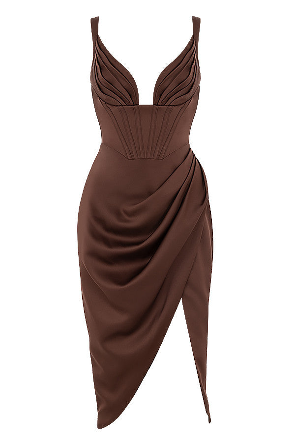 ALYIA IVORY SATIN CORSET MIDI DRESS-BROWN