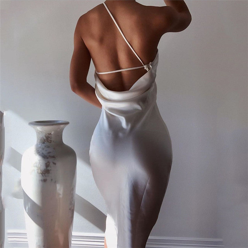 Satin One-shoulder Halter Dress