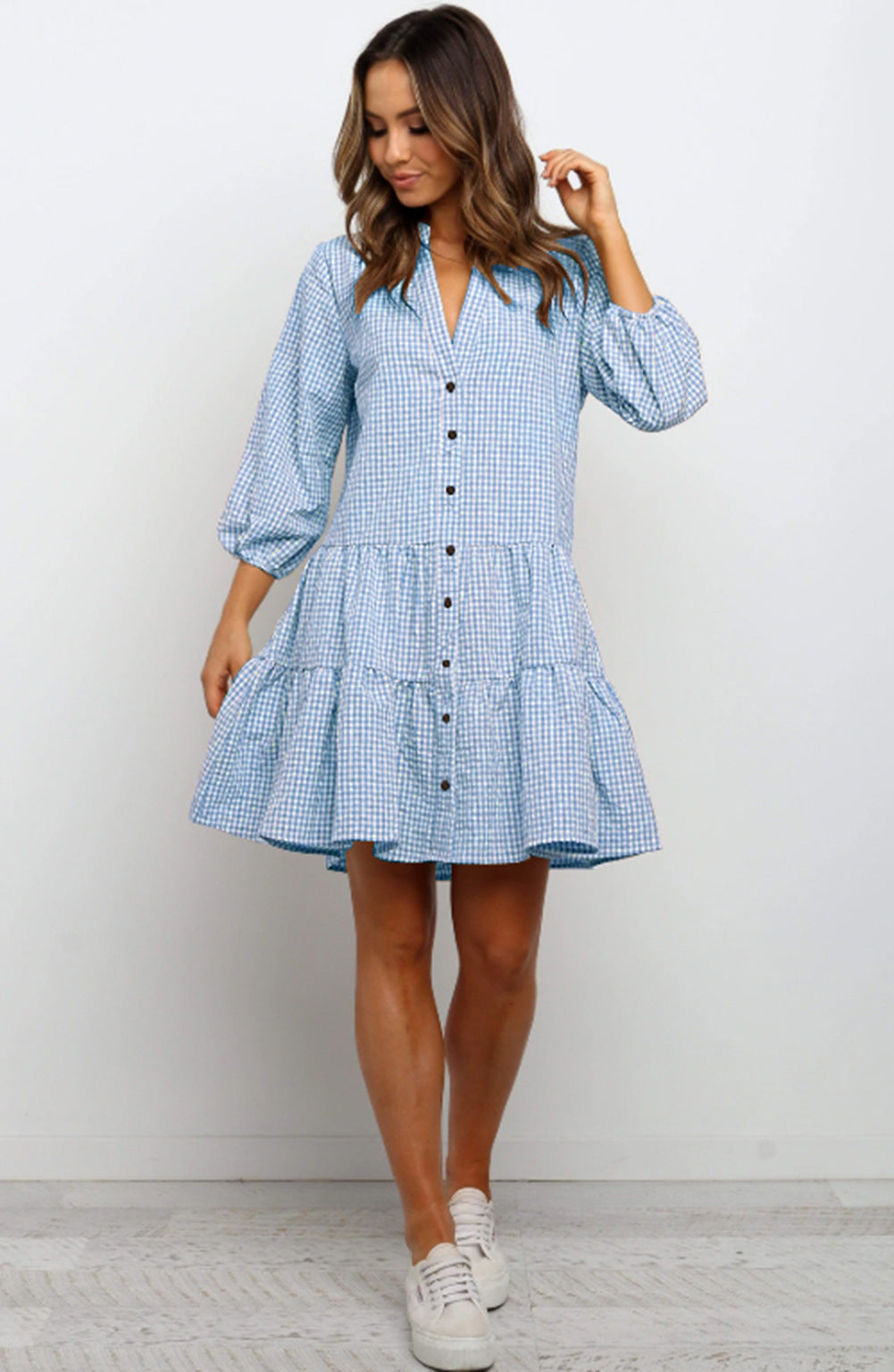 Ruffle V Neck Three-quarter Sleeves Dresses