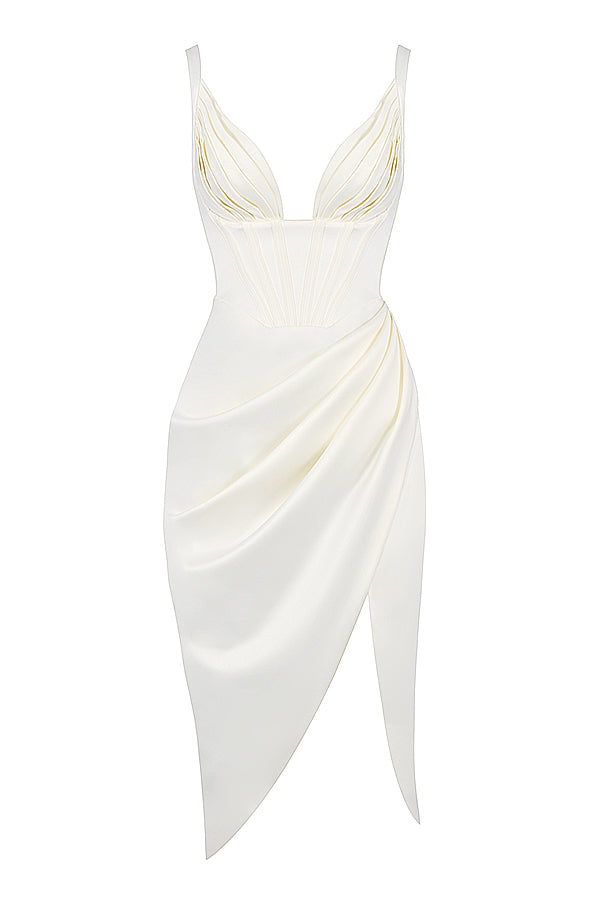 AlYIA IVORY SATIN CORSET MIDI DRESS-WHITE