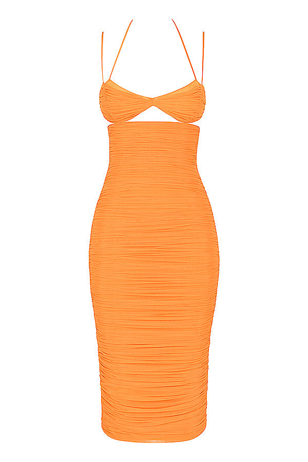 TIBU TANGERINE CUTOUT RUCHED MIDI DRESS
